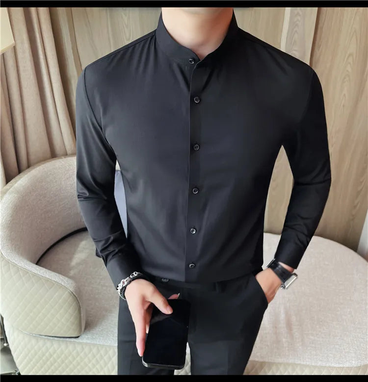 Men's Seamless Stand Up Collar Shirt Solid Color Long Sleeved Shirt for Office