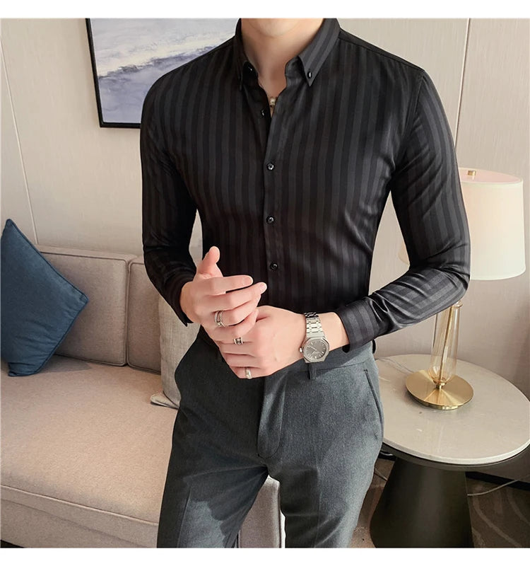 Alluring Korean Luxury Long Sleeve Striped Shirts For Men Slim Fit