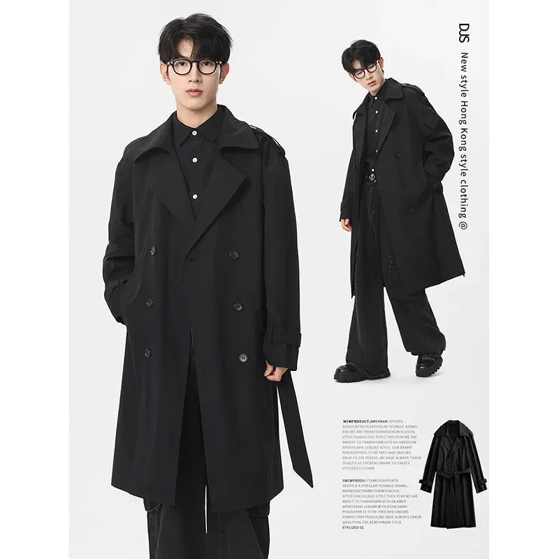 Marvelous business casual men's solid color double-breasted retro classic mid-length coat