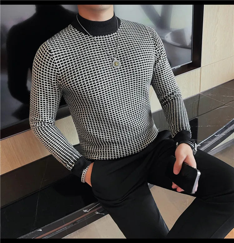 Alluring Half High Collar Checkered Knit Sweater for Men