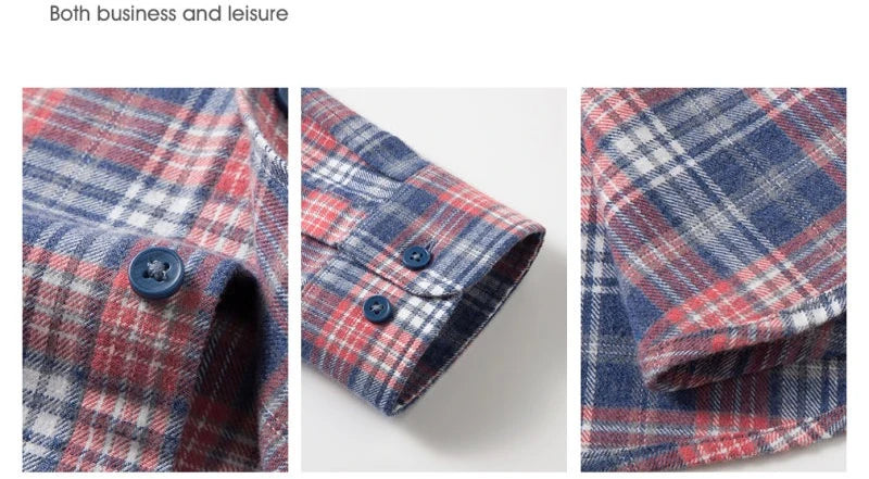 Men's 100% Cotton Brushed Plaid Long-Sleeve Shirt Thickened Warm Shirt for Autumn and Winter
