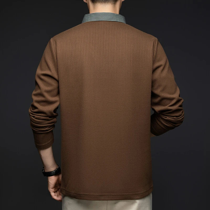 Men's Winter Long Sleeve Top Knit Sweater with Woven Shirt Collar