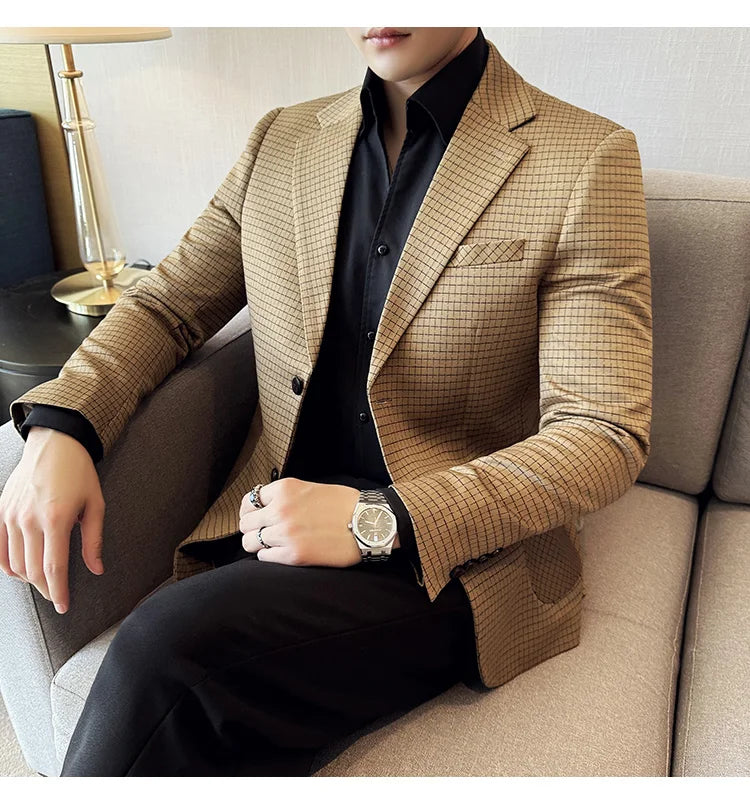 Autumn Winter Simple Plaid Blazer For Men Slim Fit . It can worn for Business Events and wedding functions.