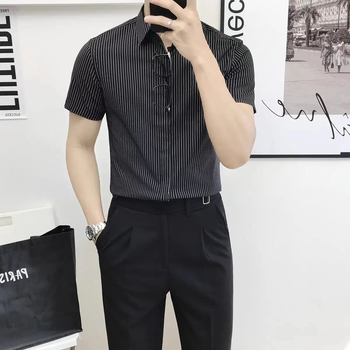 Casual Slim Fit Men Short Sleeve Non Iron Striped Light Shirt