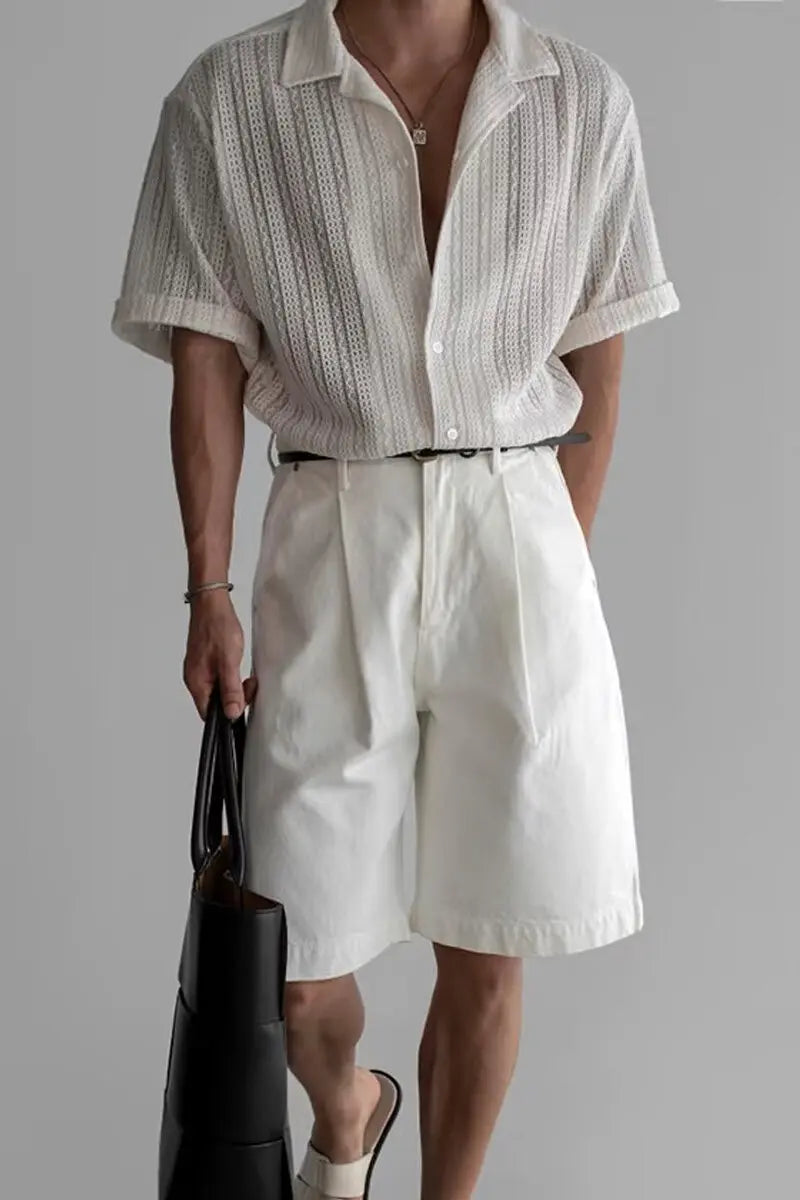 Vintage Cuban Collar Hollow Short Sleeved Shirt Men