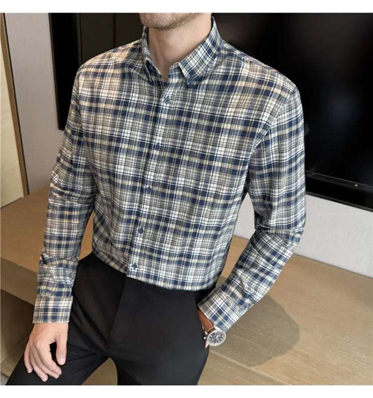 Men's 100% Cotton Brushed Plaid Long-Sleeve Shirt Thickened Warm Shirt for Autumn and Winter
