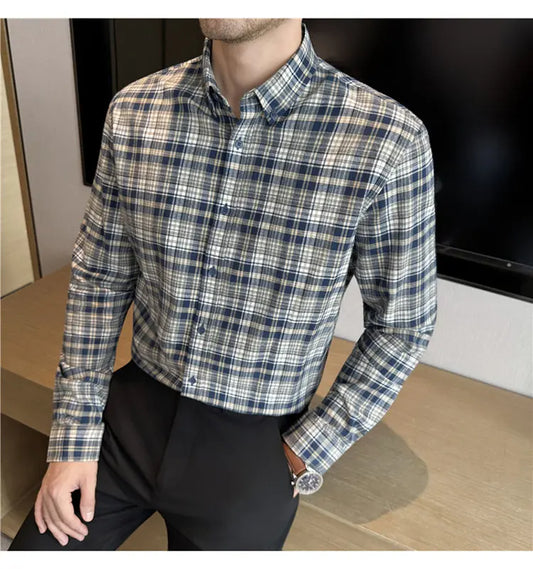 Men's 100% Cotton Brushed Plaid Long-Sleeve Shirt Thickened Warm Shirt for Autumn and Winter