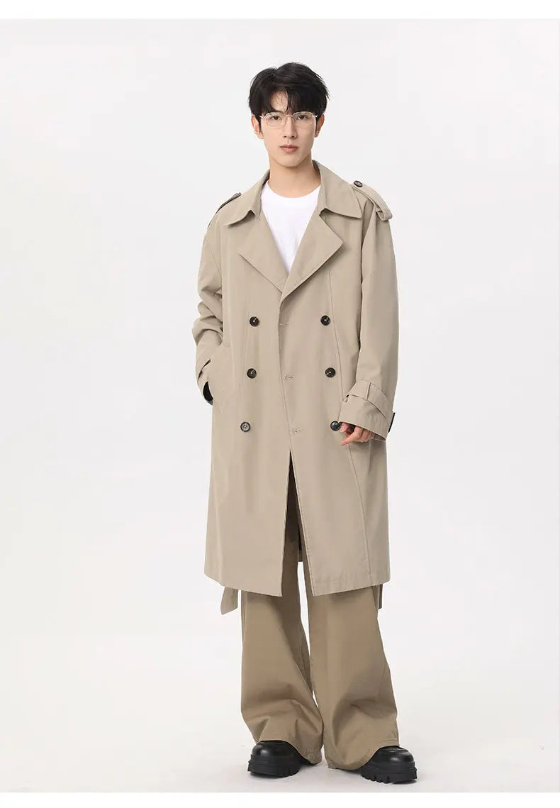 Marvelous business casual men's solid color double-breasted retro classic mid-length coat