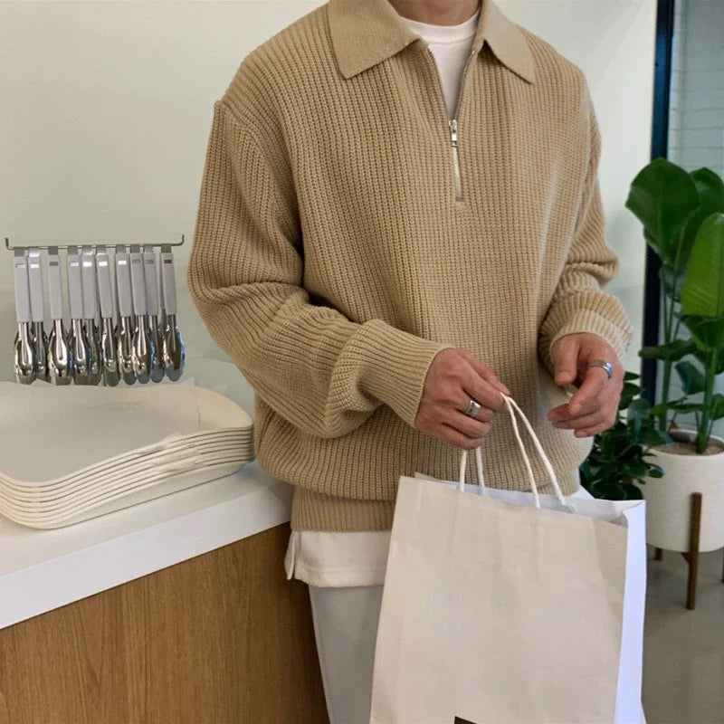 Korean Quality Youth POLO Collar Sweater. Men Winter Thickened Loose Half Zipper Sweater for Winter