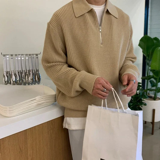 Korean Quality Youth POLO Collar Sweater. Men Winter Thickened Loose Half Zipper Sweater for Winter