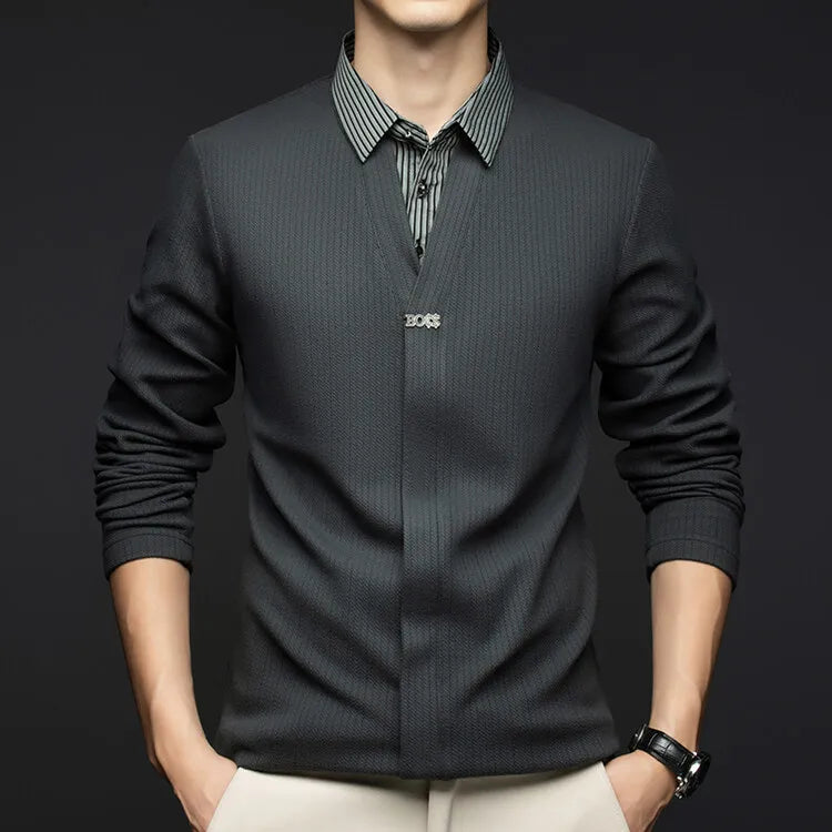 Men's Winter Long Sleeve Top Knit Sweater with Woven Shirt Collar