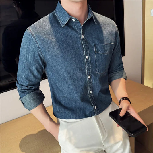 Men's 90% Cotton Denim Shirt – Classic Collar & Button-Up Design