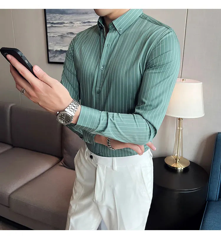 British Style Striped Men' s Long Sleeve Shirt