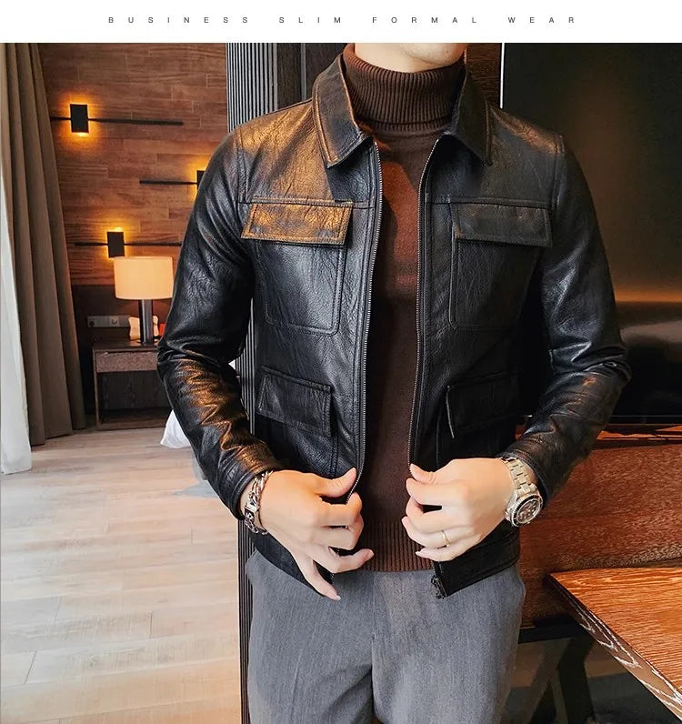 Men Fashion Lapel streetwear Jacket Casual Business leather coats