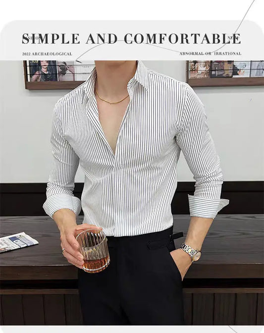 Men Striped Shirt Business Slim Fit Casual Non Iron Long Sleeve