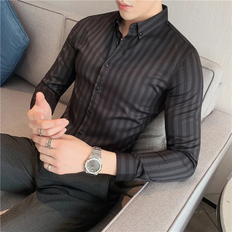 Alluring Korean Luxury Long Sleeve Striped Shirts For Men Slim Fit