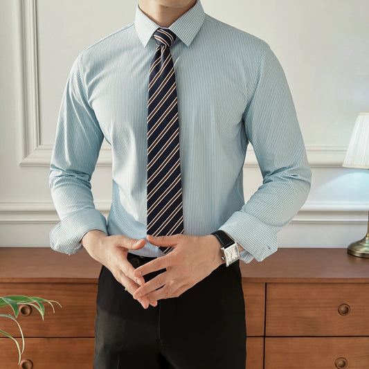 Stretch Slim Fit Men's Business Casual Shirt with Silk & Striped Design