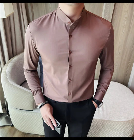 Men's Seamless Stand Up Collar Shirt Solid Color Long Sleeved Shirt for Office