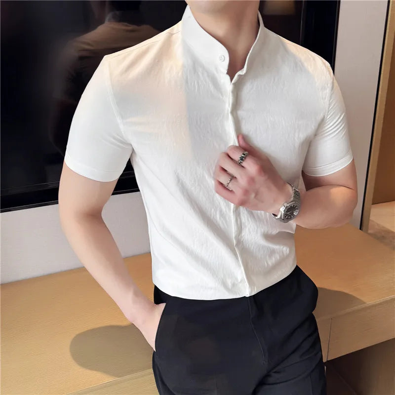 Chinese Style Retro Stand Up Collar Shirt for Men Slim Fit Short Sleeve