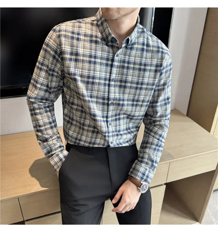 Men's 100% Cotton Brushed Plaid Long-Sleeve Shirt Thickened Warm Shirt for Autumn and Winter