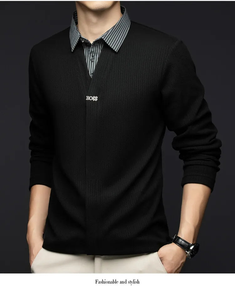 Men's Winter Long Sleeve Top Knit Sweater with Woven Shirt Collar