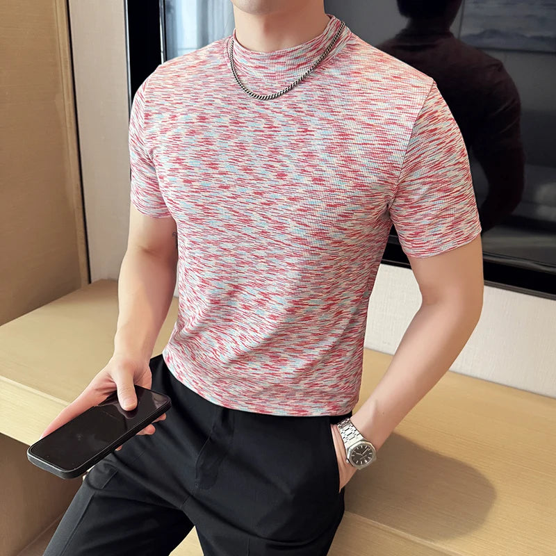 Camouflage T-shirt Men's Summer Half High Collar Slim Fit Short Sleeved Fashion