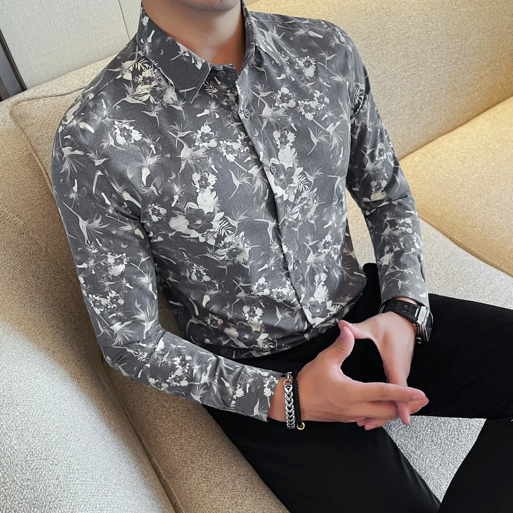 Men's Long-Sleeved Floral Shirt with Elegant Pattern Design. Slim Fit for Casual & Business Occasions