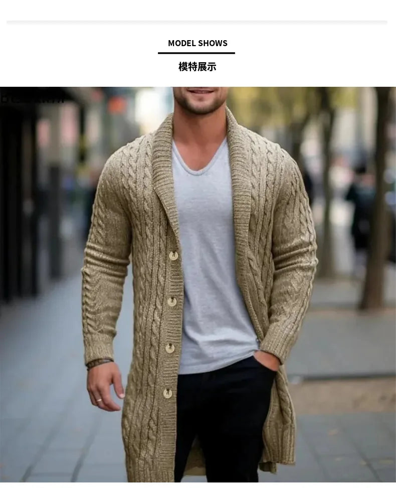 American European Fashion Men's Trendy Long Sleeve Turn-down Collar Loose Knitted Knee Length Sweater Coat