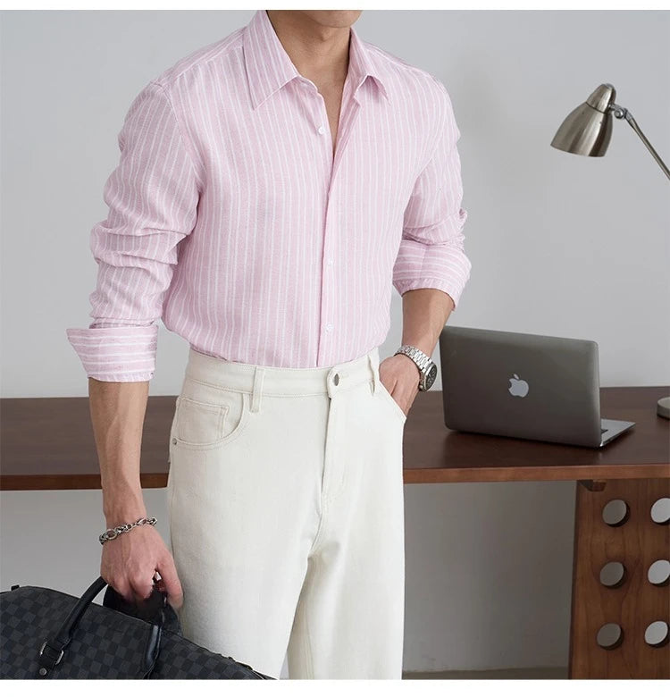 Gentleman 's Pink Business Striped Long-Sleeved Shirt for Men