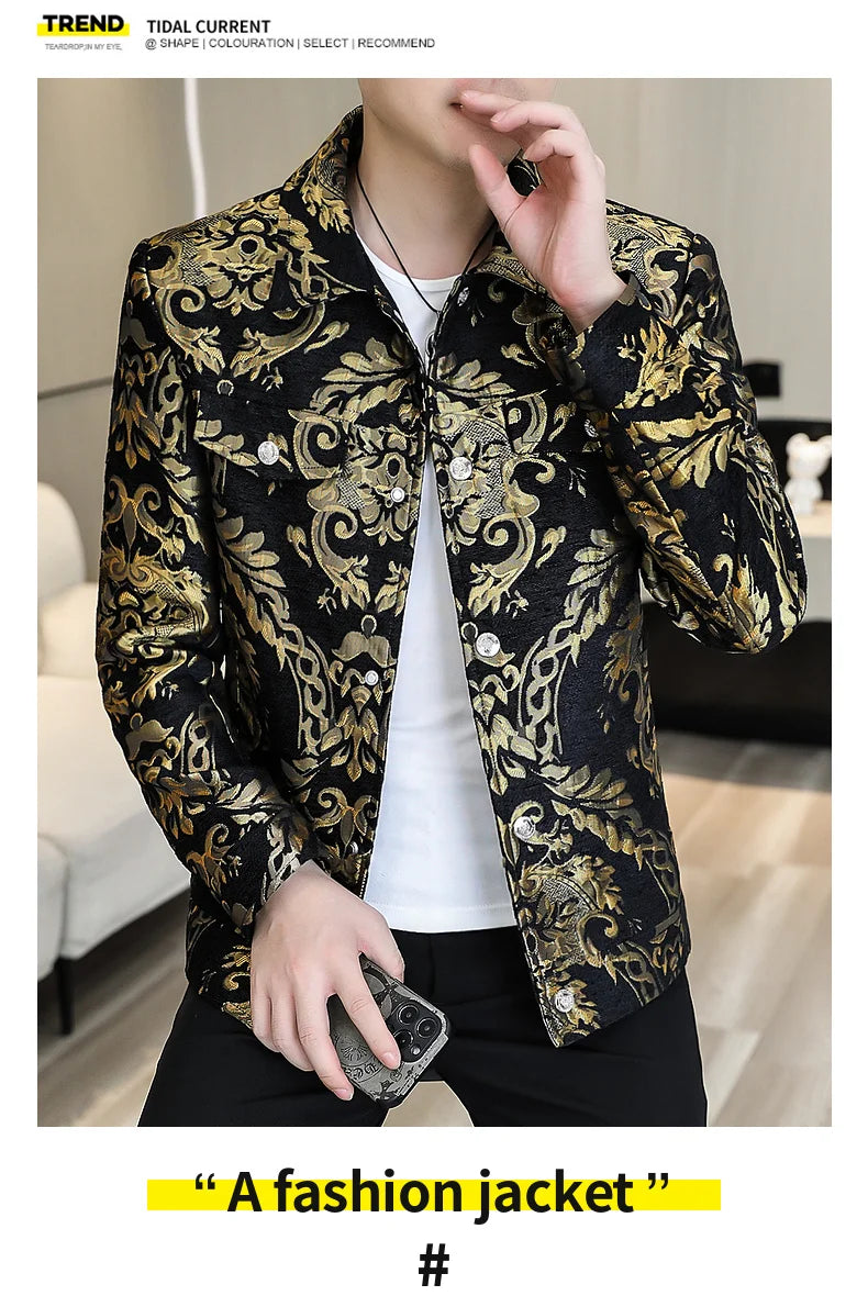 Men's Luxury Gold Jacquard Jacket for Autumn Winter Season