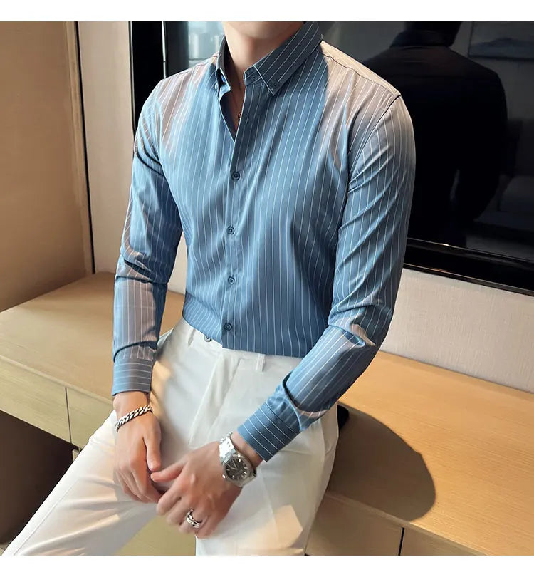 British Style Striped Men' s Long Sleeve Shirt