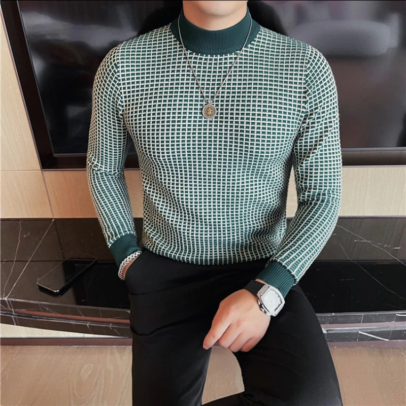 Alluring Half High Collar Checkered Knit Sweater for Men
