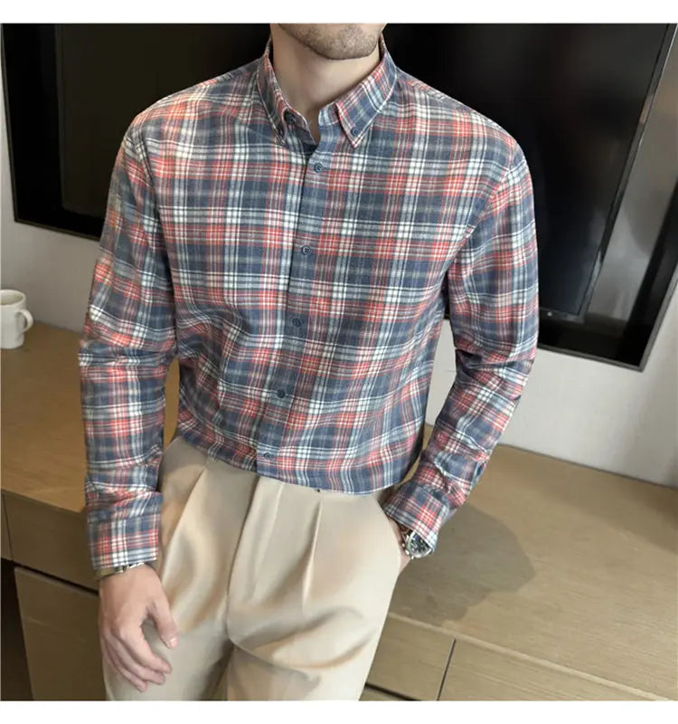 Men's 100% Cotton Brushed Plaid Long-Sleeve Shirt Thickened Warm Shirt for Autumn and Winter