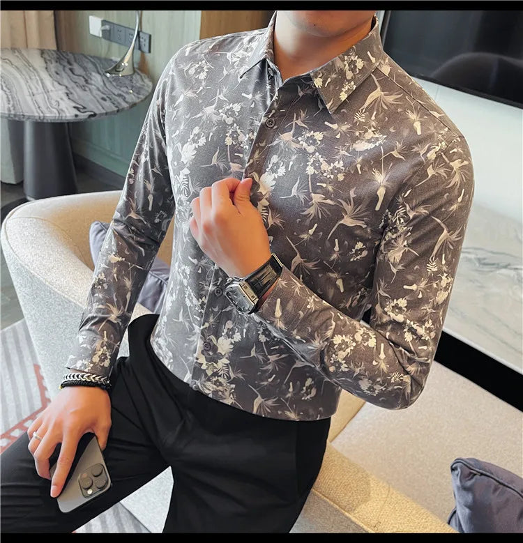 Men's Long-Sleeved Floral Shirt with Elegant Pattern Design. Slim Fit for Casual & Business Occasions