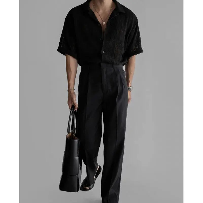 Vintage Cuban Collar Hollow Short Sleeved Shirt Men