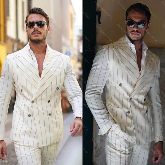 Men 's Elegant Striped Suit Outfits 2 Piece Jacket with Pants