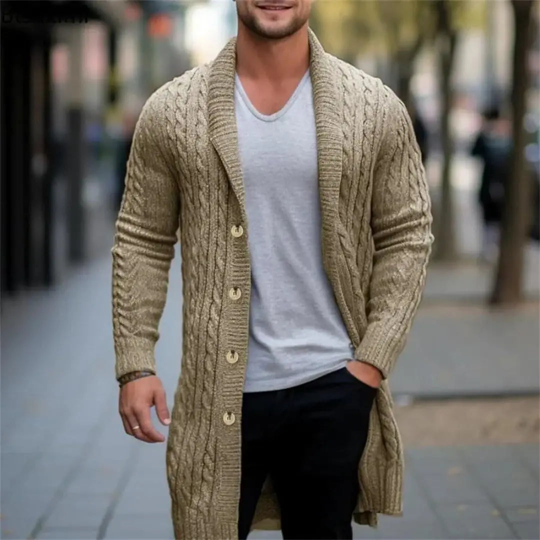 American European Fashion Men's Trendy Long Sleeve Turn-down Collar Loose Knitted Knee Length Sweater Coat