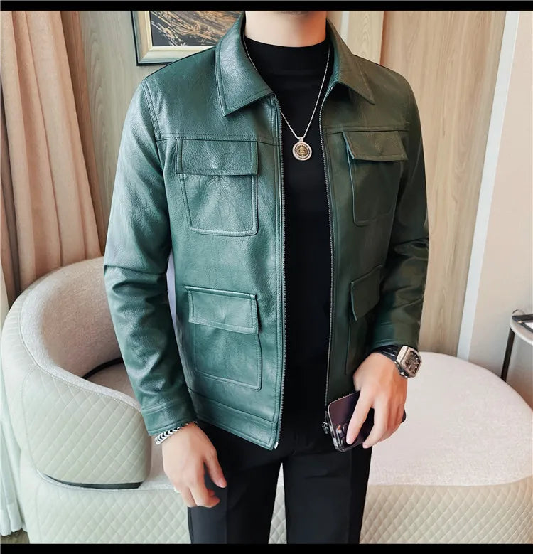 Men Fashion Lapel streetwear Jacket Casual Business leather coats