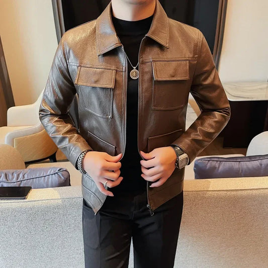 Men Fashion Lapel streetwear Jacket Casual Business leather coats