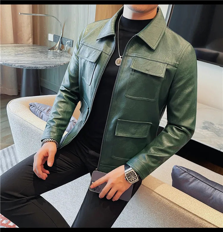 Men Fashion Lapel streetwear Jacket Casual Business leather coats