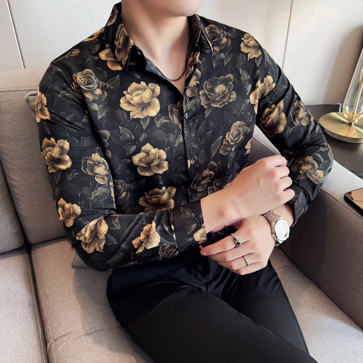 Men's Latest Fashionable Long-Sleeved Floral Shirt