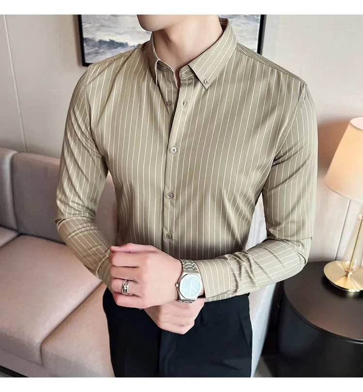 British Style Striped Men' s Long Sleeve Shirt