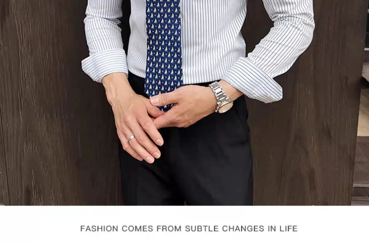 Men Striped Shirt Business Slim Fit Casual Non Iron Long Sleeve