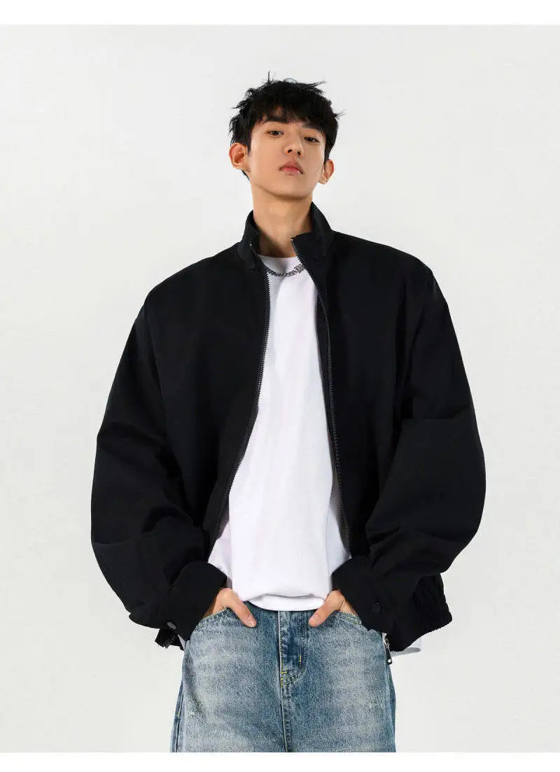 New Men's Solid Color Zip-up Stand Collar Loose Casual Jacket