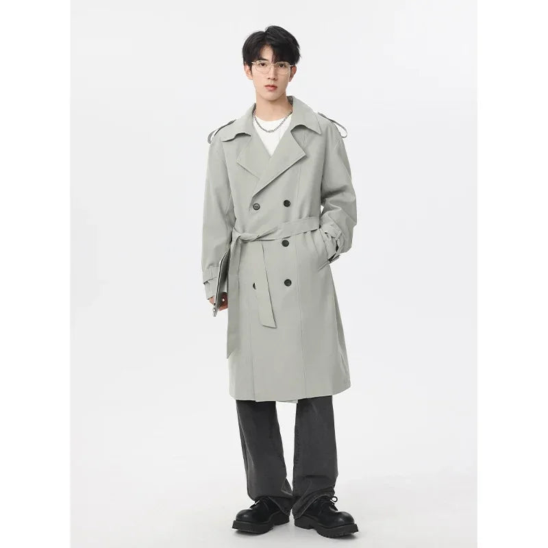 Marvelous business casual men's solid color double-breasted retro classic mid-length coat