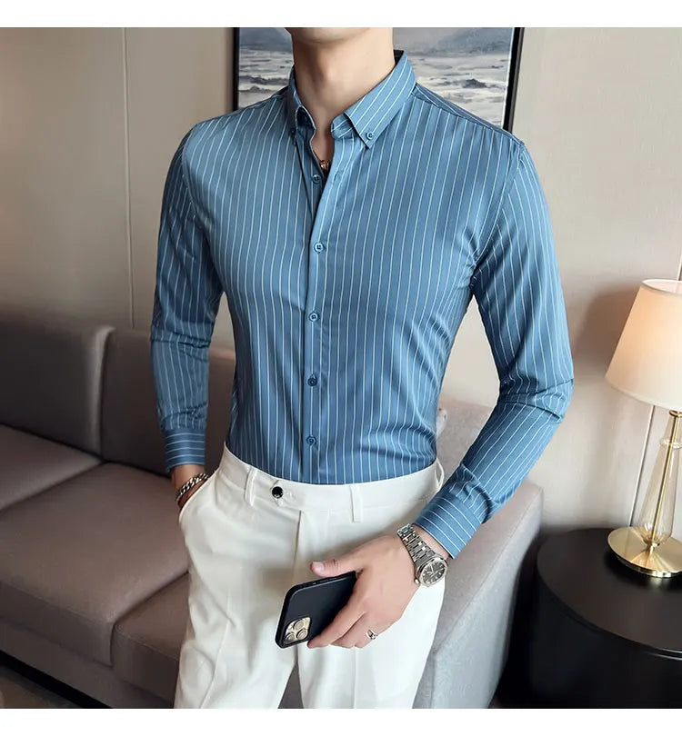 British Style Striped Men' s Long Sleeve Shirt