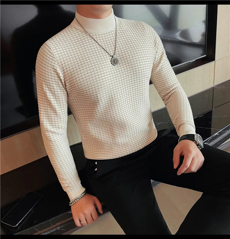 Alluring Half High Collar Checkered Knit Sweater for Men