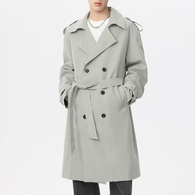 Marvelous business casual men's solid color double-breasted retro classic mid-length coat
