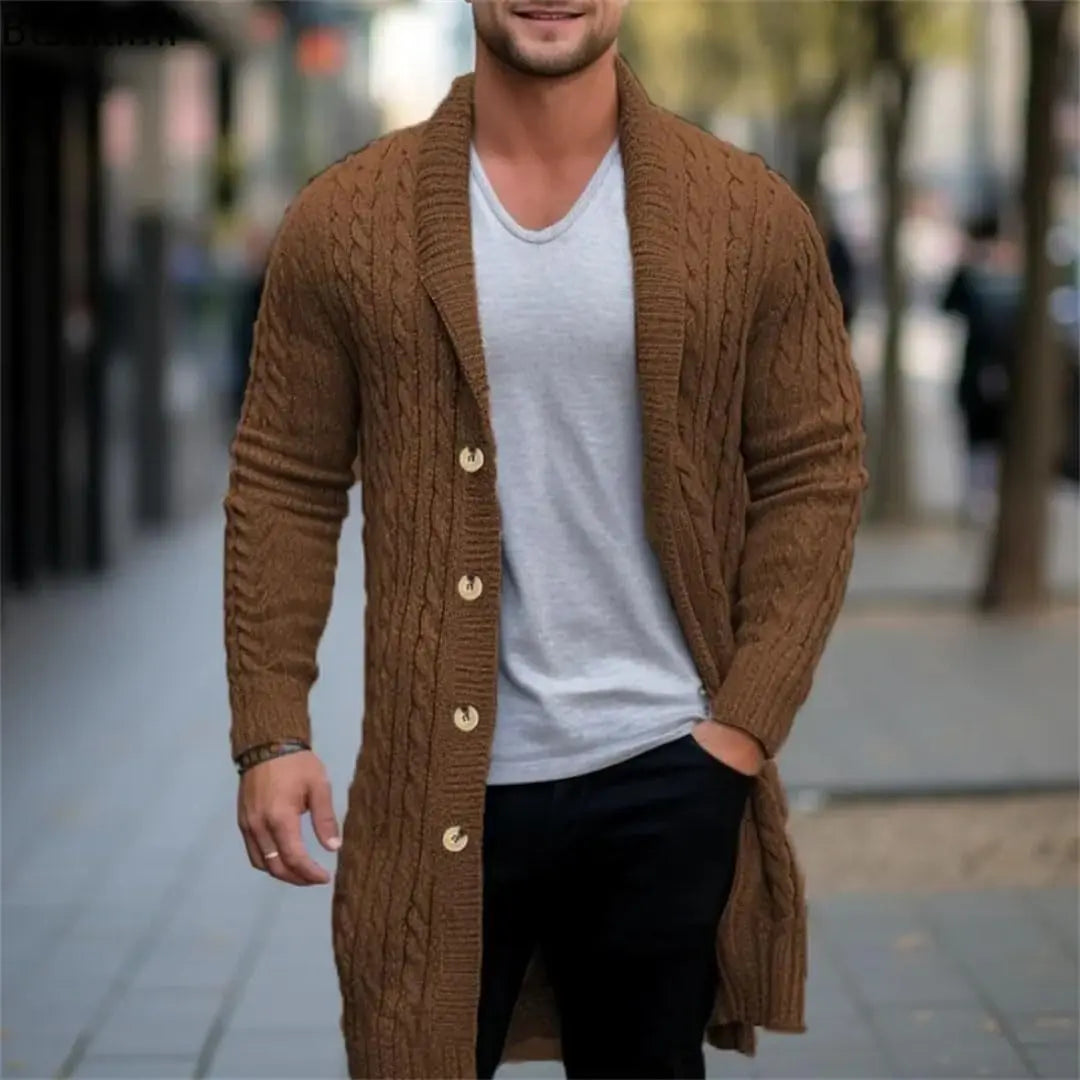 American European Fashion Men's Trendy Long Sleeve Turn-down Collar Loose Knitted Knee Length Sweater Coat