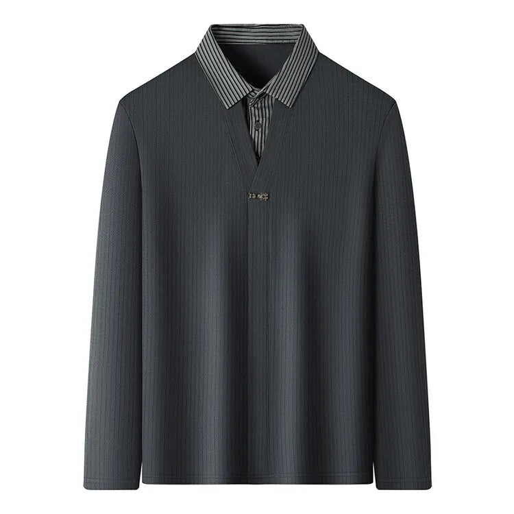 Men's Winter Long Sleeve Top Knit Sweater with Woven Shirt Collar